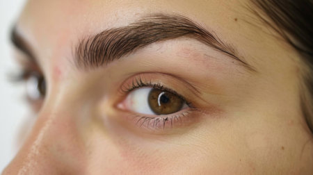 Close-up of a woman with neatly shaped eyebrows, highlighting the precision and artistry of professional eyebrow shapingの素材