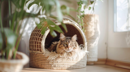An elegant cat house made of natural materials, with a cat lounging inside, placed in a light-filled room with minimalist decorの素材