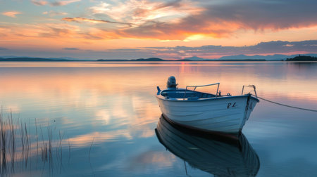 A fishing boat anchored in a tranquil bay, with calm waters reflecting the colors of the sky during sunsetの素材