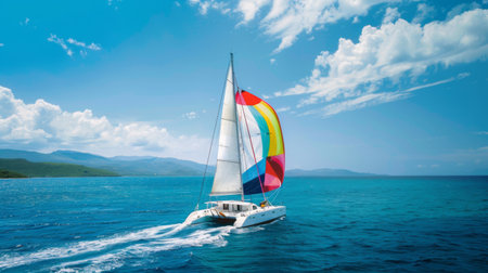 A catamaran sailing swiftly under a colorful spinnaker, harnessing the power of the wind for speed and agilityの素材