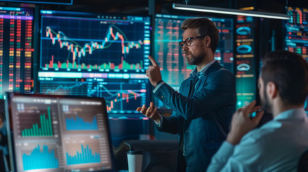 A financial analyst giving a presentation on stock market trends and forecasts, sharing insights with colleagues or clientsの素材