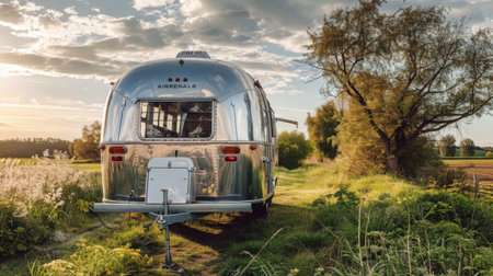A retro Airstream trailer restored to its former glory, parked in a scenic countryside settingの素材