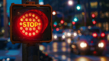A close-up of a red traffic signal, indicating "stop" and halting vehicles at an intersection, with cars waiting in lineの素材