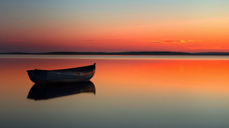 The silhouette of a lone boat floating on a tranquil lake at sunset, reflecting the calmness of the eveningの素材
