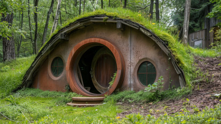 A whimsical hobbit house with a round door and grassy roof, straight out of a fairytaleの素材