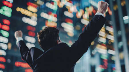 A businessman celebrating successful stock market trades, symbolizing profitable investments and financial gainsの素材