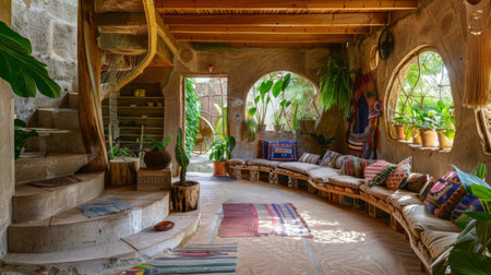 An eco-friendly earthship home built from sustainable materials, harmonizing with the environmentの素材