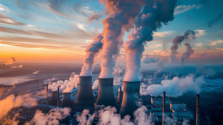 A power plant emitting plumes of smoke and steam into the atmosphere, contributing to greenhouse gas emissions and global warmingの素材