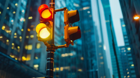 A traffic light against a backdrop of skyscrapers in a bustling city, symbolizing the rhythm of urban lifeの素材