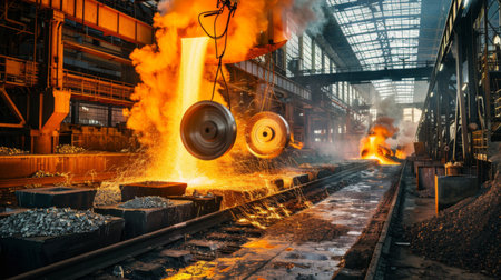 A panoramic view of a steel mill or foundry with molten metal pouring into molds, illustrating global metallurgical productionの素材