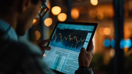 An investor studying stock market trends and performance graphs in a financial newspaper, seeking insights for investment decisionsの素材