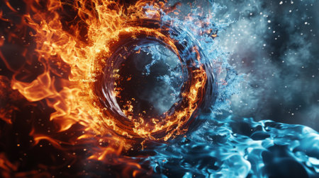 3d illustration of fire and water swirling in a circleの素材