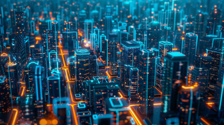 3d render of Cyber punk night city landscape concept. Light glowing on dark scene.の素材