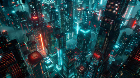 3d render of Cyber punk night city landscape concept. Light glowing on dark scene. Night life. Technology network for 5g. Beyond generation and futuristic of Sci-Fi Capital city and building scene.の素材