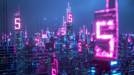 5G network wireless systems and internet of things with modern city skylineの素材