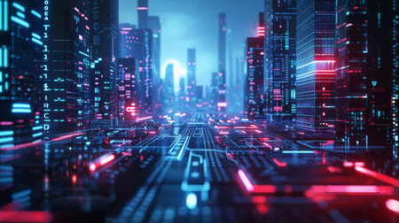 3d render of Cyber punk night city landscape concept. Light glowing on dark scene. Night life. Technology network for 5g. Beyond generation and futuristic of Sci-Fi Capital city and building scene.の素材
