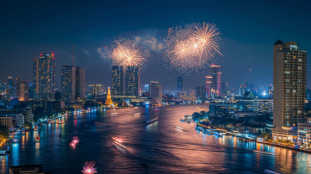 Bangkok, Thailand - 2020, October 31 : Night scene of the Fireworks with view of Bangkok, Thailand.の素材