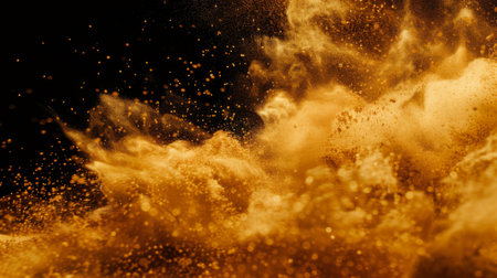 Big size Sand flying explosion, Golden grain wave explode. Abstract cloud fly. Yellow colored sand splash throwing in Air.の素材