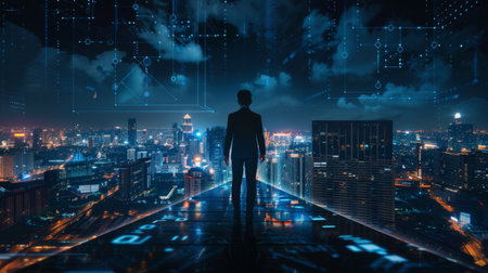 Business technology concept, Professional business man walking on future Pattaya city background and futuristic interface graphic at night, Cyberpunk color styleの素材