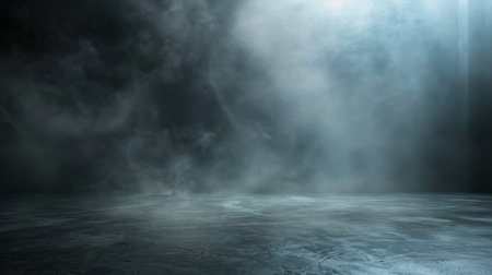 Abstract image of dark room concrete floor. Black room or stage background for product placement.Panoramic view of the abstract fog. White cloudiness, mist or smog moves on black background.の素材