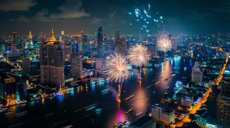 Bangkok, Thailand - 2020, October 31 : Night scene of the Fireworks with view of Bangkok, Thailand.の素材