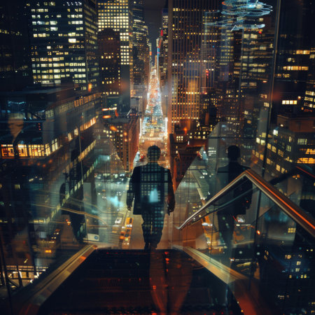 Businessman climbed the stairs, double exposure with New York office buildings at night. Concept of business achievement, goal and leadershipの素材