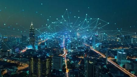 Banner smart city dot point connect with gradient line, connection technology metaverse concept. Bangkok city background at night with big data in Thailand, Panorama view.の素材