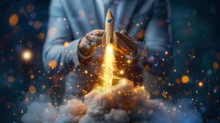 Businessman holding icons about business and investment, Rocketing take off with a targeted launch speed, Wealth fast, Graph depicting rising earning, increasing profits exemplifies financial success,の素材