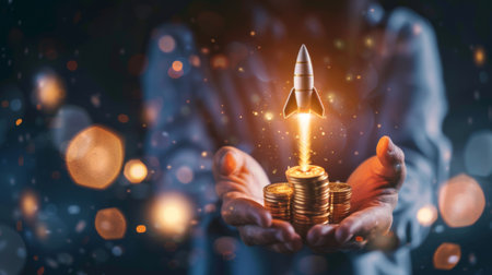 Businessman holding icons about business and investment, Rocketing take off with a targeted launch speed, Wealth fast, Graph depicting rising earning, increasing profits exemplifies financial success,の素材