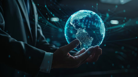 A visionary businessman extends his hand to a holographic globe, symbolizing cutting-edge global connectivity and the future of globalization. The holographic globe with digital data streamsの素材