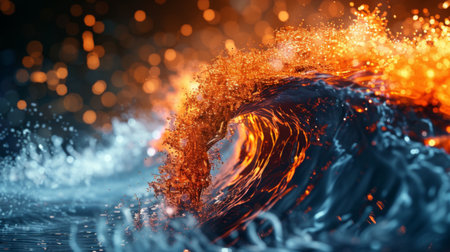 3D illustration of waves swirling with fire and water in the concept of science technologyの素材