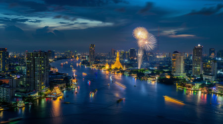 Bangkok, Thailand - 2020, October 31 : Night scene of the Fireworks with view of Bangkok, Thailand.の素材
