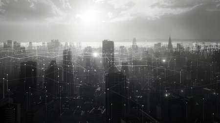 Black and white smart city with data communication flow network, communication technology conceptの素材