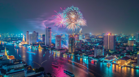 Bangkok, Thailand - 2020, October 31 : Night scene of the Fireworks with view of Bangkok, Thailand.の素材
