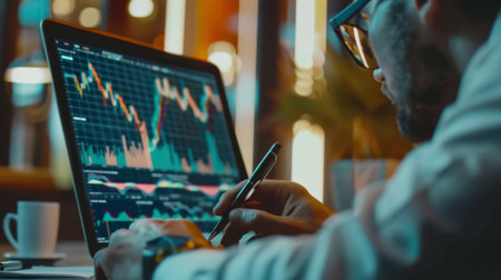 Banking business, finance and investment concept. Businessman analyzing market data, financial graph report, economic growth, business strategy, planning and solution, risk managementの素材