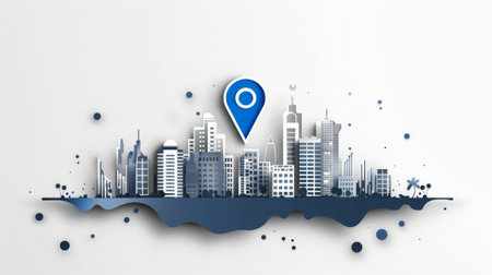 Black and white smart city with blue location sign, communication technology conceptの素材