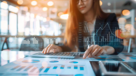 Business Financing Accounting Banking Concept, Businesswoman doing finances and calculating financial report with business graph growth chart, finance and investment, business analysis conceptの素材