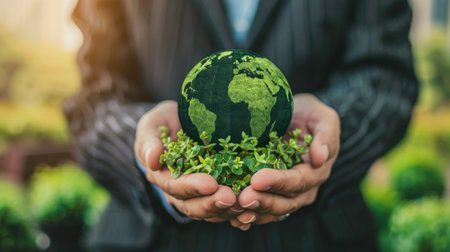 Businessmen holding world to Organization Sustainable development environmental. Sustainable business or green companyの素材