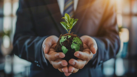 Businessmen holding world to Organization Sustainable development environmental. Sustainable business or green companyの素材