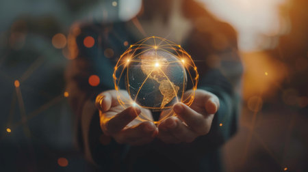 CRM. Customer network relationship management concept, Businessman hold of global structure customer network technology, Data exchanges development.の素材