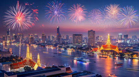 city view and Bangkok with beautiful fireworksの素材
