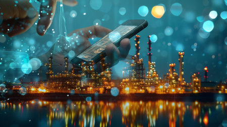 Double exposure of businessman hand hold smartphone working with oil refinery industry plant and industry icons. Factory in the night as communication of energy concept. Smart technology 4.0.の素材