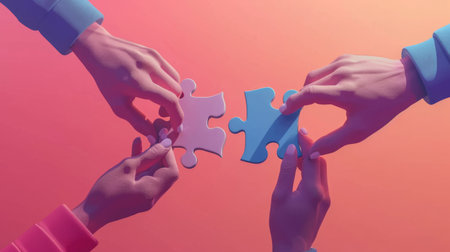 Concept of teamwork and partnership. Hands join puzzle pieces in the office. business people putting the jigsaws team together.Charity, volunteer.の素材