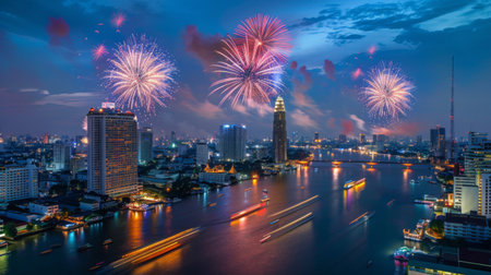 city view and Bangkok with beautiful fireworksの素材