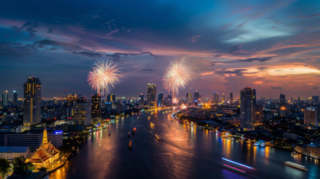 city view and Bangkok with beautiful fireworksの素材