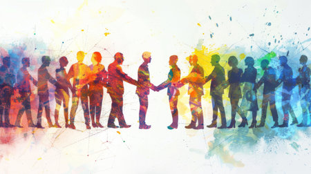 Group of multinational people shaking hands and communication network concept. Wide angle visual for banners or advertisementsの素材