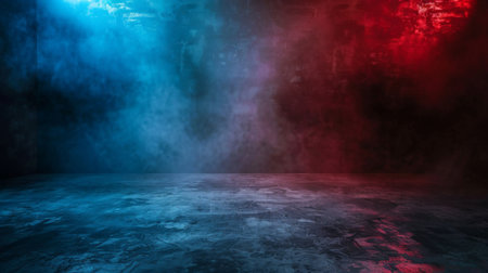 Empty space of Studio dark room with fog or mist and lighting effect red and blue on concrete floor grunge texture background.の素材