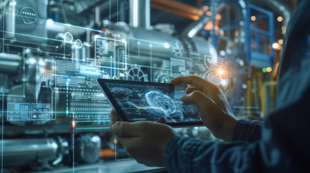 Engineer using tablet to inspect work at job site. concept of technology usage In industrial applications,の素材