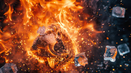 Fire with sparks and ice cubes explosionの素材
