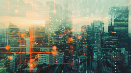 Double exposure of modern cityscape and electric circuit.の素材